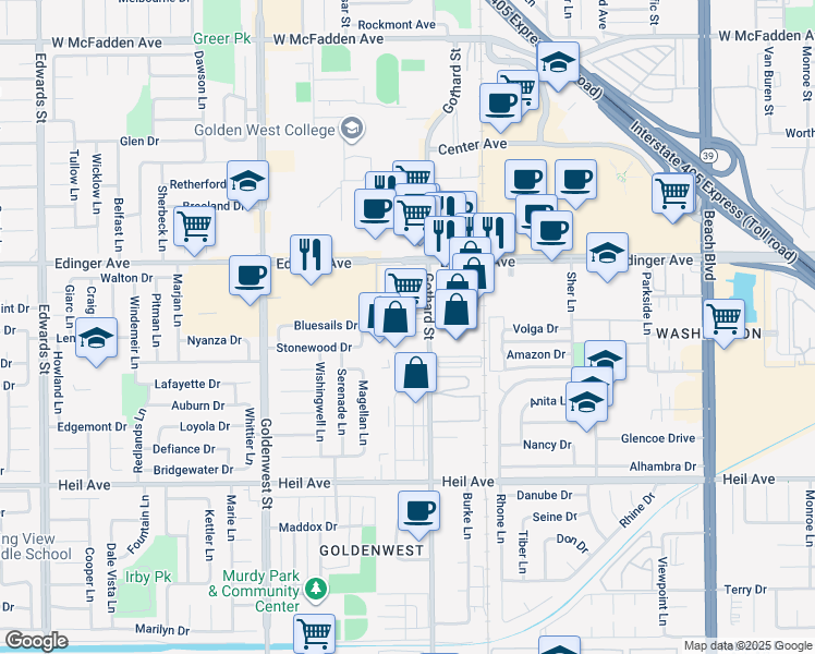 map of restaurants, bars, coffee shops, grocery stores, and more near 16161 Gothard St in Huntington Beach