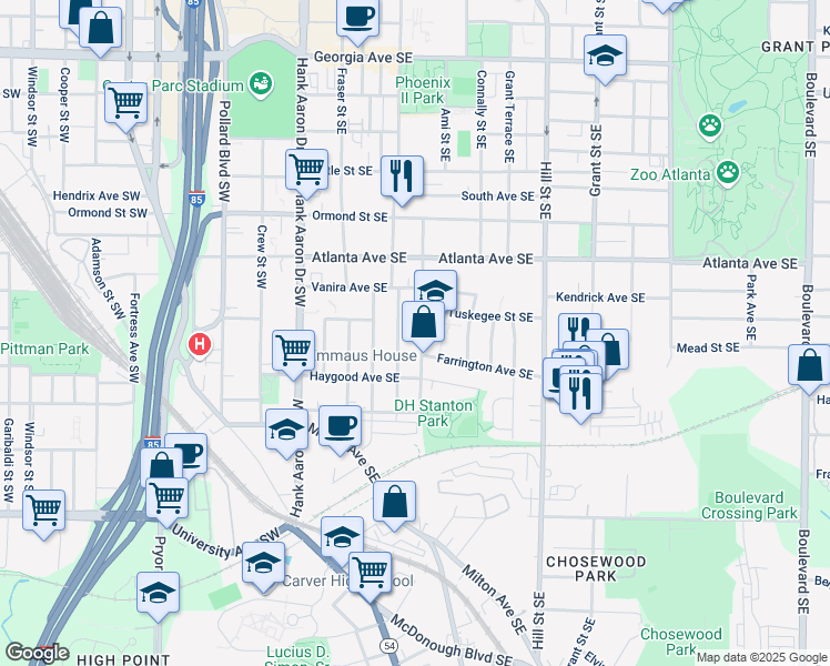 map of restaurants, bars, coffee shops, grocery stores, and more near 986 Violet Street Southeast in Atlanta