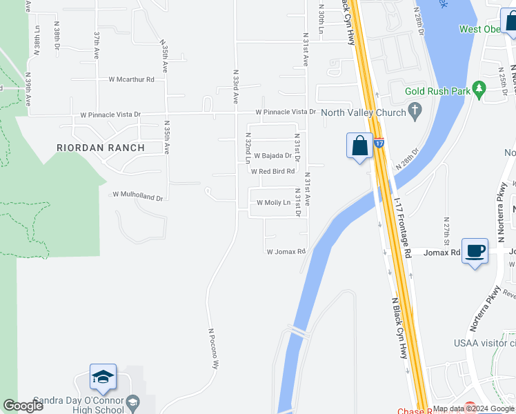 map of restaurants, bars, coffee shops, grocery stores, and more near 3223 West Molly Lane in Phoenix