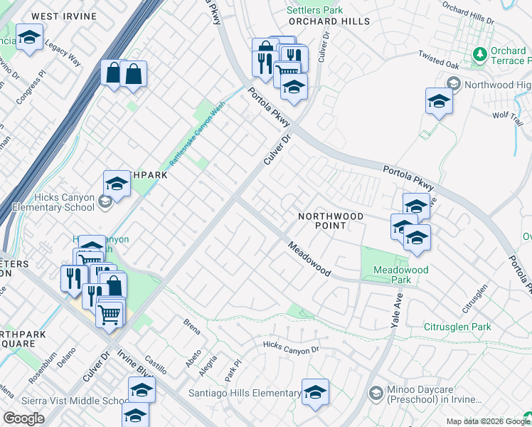 map of restaurants, bars, coffee shops, grocery stores, and more near 28 Clear Creek in Irvine