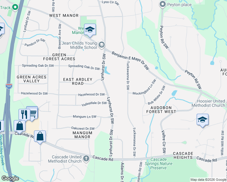 map of restaurants, bars, coffee shops, grocery stores, and more near 1036 Lynhurst Drive Southwest in Atlanta