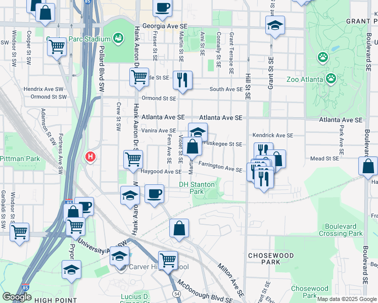 map of restaurants, bars, coffee shops, grocery stores, and more near 986 Violet Street Southeast in Atlanta