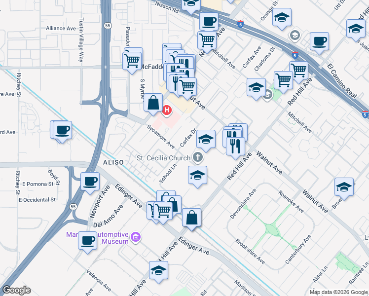 map of restaurants, bars, coffee shops, grocery stores, and more near 14721 Charloma Drive in Tustin