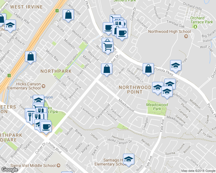 map of restaurants, bars, coffee shops, grocery stores, and more near 449 Ridgeway in Irvine