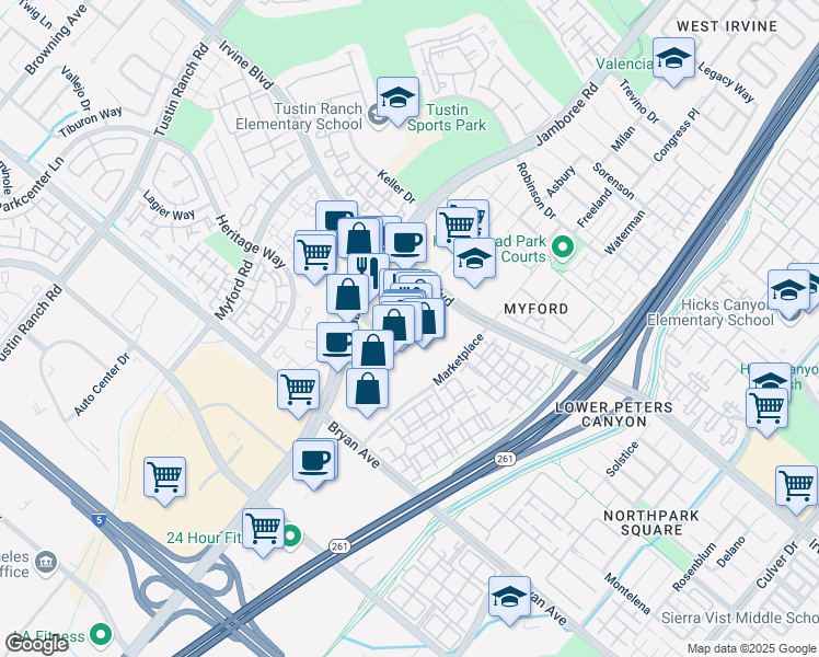 map of restaurants, bars, coffee shops, grocery stores, and more near 10760 Riverside Drive in Los Angeles