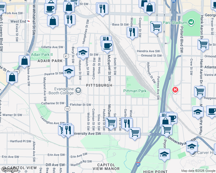 map of restaurants, bars, coffee shops, grocery stores, and more near 1003 McDaniel Street Southwest in Atlanta