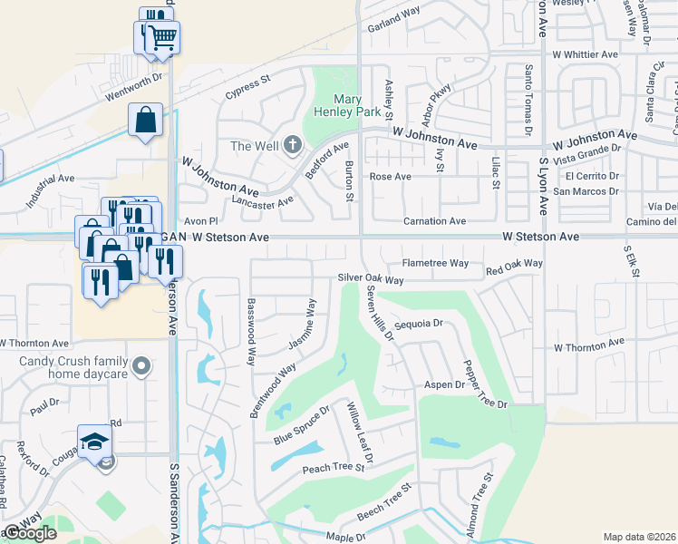 map of restaurants, bars, coffee shops, grocery stores, and more near 2590 Silver Oak Way in Hemet