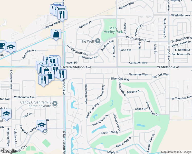 map of restaurants, bars, coffee shops, grocery stores, and more near 2827 Silver Oak Way in Hemet