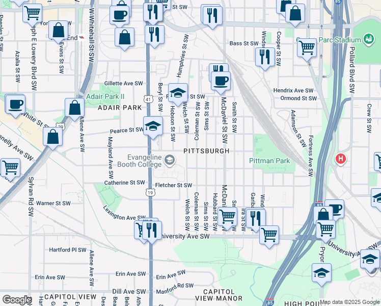 map of restaurants, bars, coffee shops, grocery stores, and more near 516 Arthur Street Southwest in Atlanta