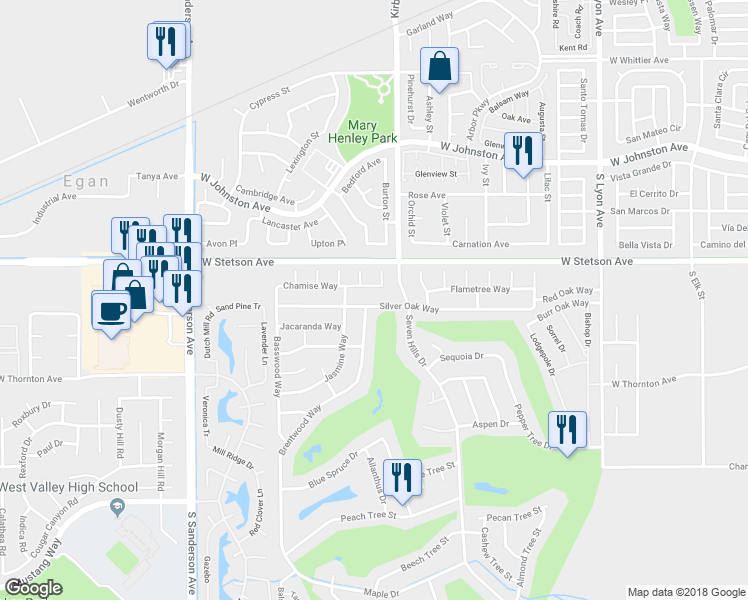 map of restaurants, bars, coffee shops, grocery stores, and more near 2590 Silver Oak Way in Hemet