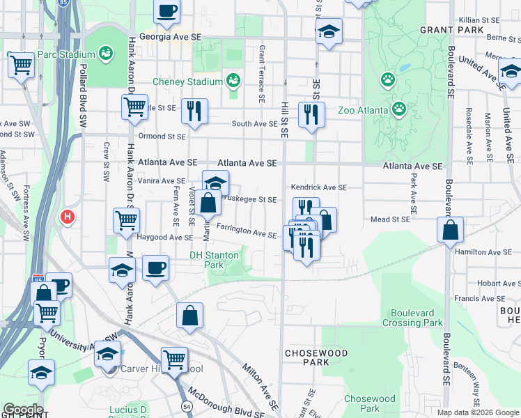map of restaurants, bars, coffee shops, grocery stores, and more near 973 Grant Terrace Southeast in Atlanta