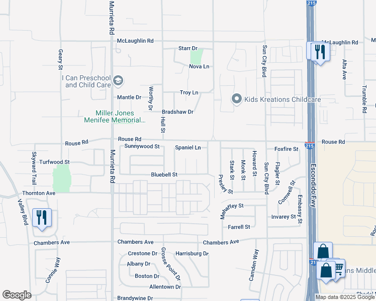 map of restaurants, bars, coffee shops, grocery stores, and more near 26377 Spaniel Lane in Menifee