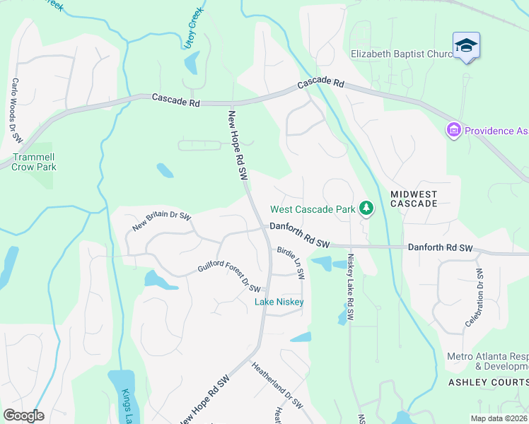 map of restaurants, bars, coffee shops, grocery stores, and more near 4595 Danforth Road Southwest in Atlanta
