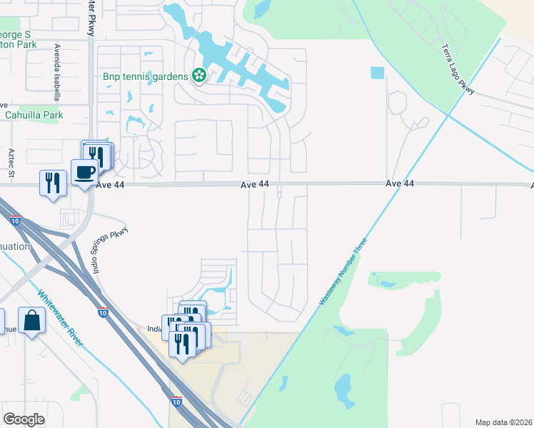 map of restaurants, bars, coffee shops, grocery stores, and more near 44206 Le Blanc Court in Indio