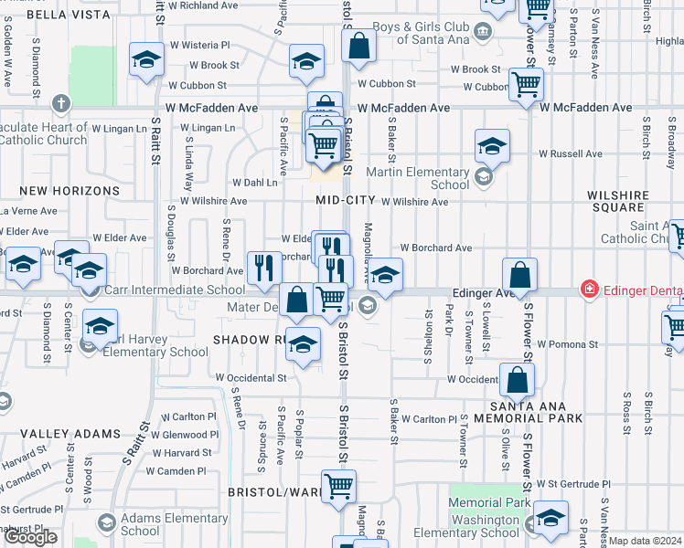 map of restaurants, bars, coffee shops, grocery stores, and more near in Santa Ana