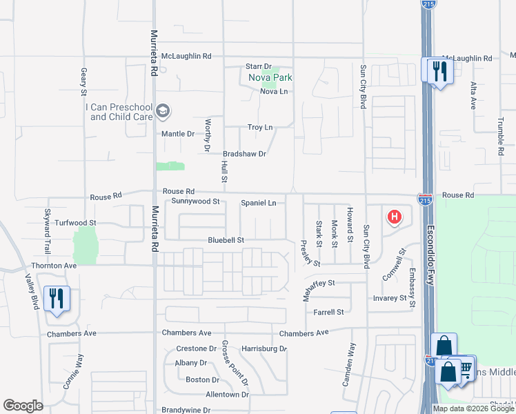 map of restaurants, bars, coffee shops, grocery stores, and more near 26377 Spaniel Lane in Menifee