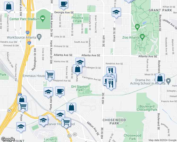 map of restaurants, bars, coffee shops, grocery stores, and more near 972 Connally Street Southeast in Atlanta