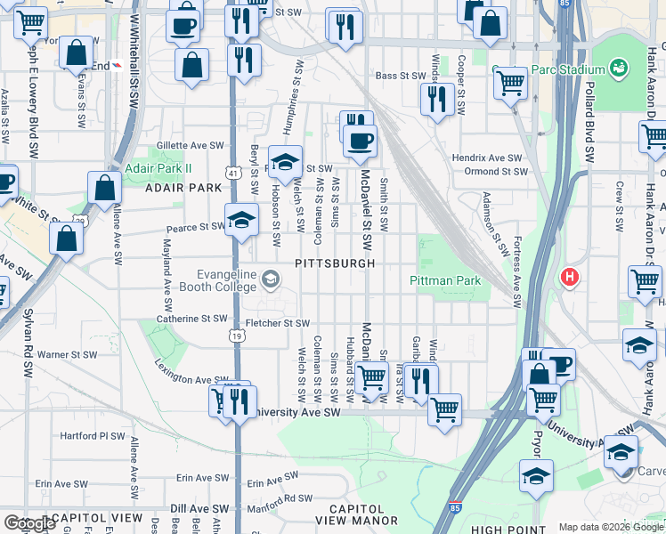 map of restaurants, bars, coffee shops, grocery stores, and more near 482 Arthur Street Southwest in Atlanta