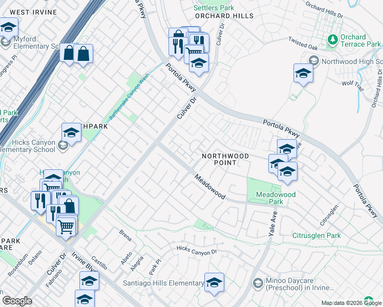 map of restaurants, bars, coffee shops, grocery stores, and more near 315 Rathbourne in Irvine