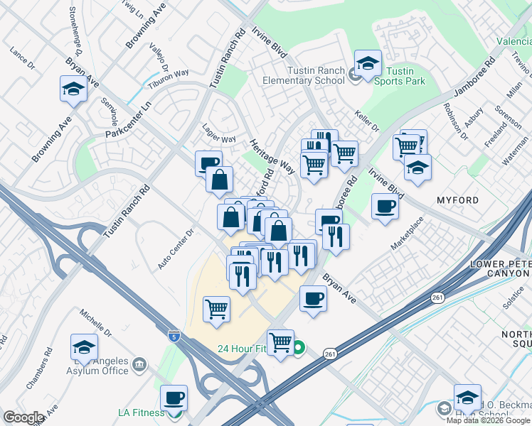 map of restaurants, bars, coffee shops, grocery stores, and more near 2736 Monza in Tustin