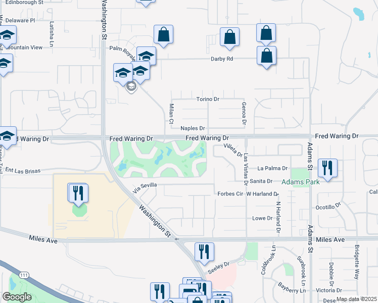 map of restaurants, bars, coffee shops, grocery stores, and more near 78455 Magenta Drive in La Quinta