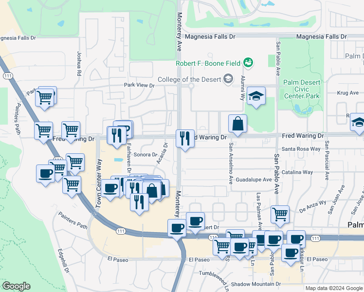map of restaurants, bars, coffee shops, grocery stores, and more near 44-200 Monterey Avenue in Palm Desert