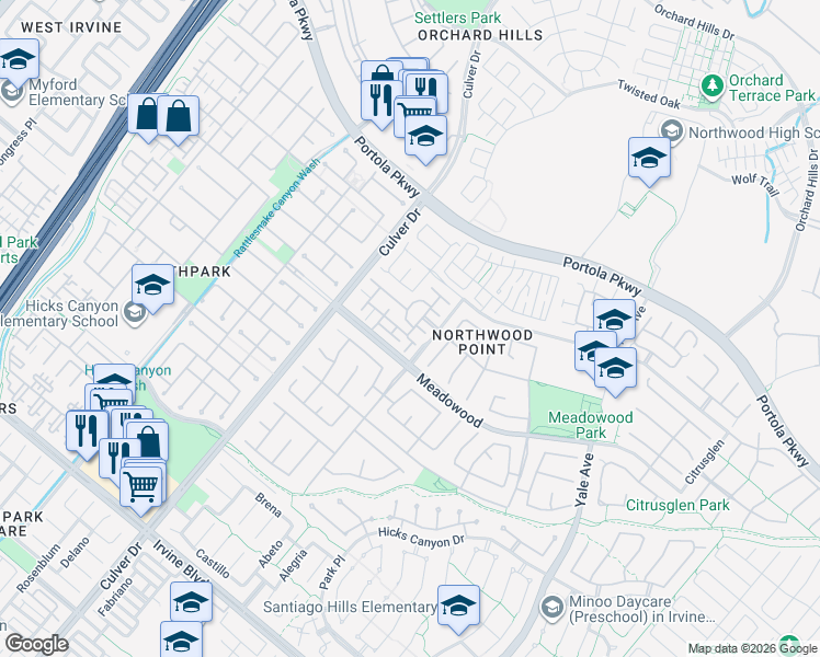 map of restaurants, bars, coffee shops, grocery stores, and more near 315 Rathbourne in Irvine