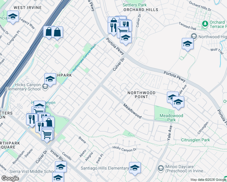 map of restaurants, bars, coffee shops, grocery stores, and more near 28 Clear Creek in Irvine