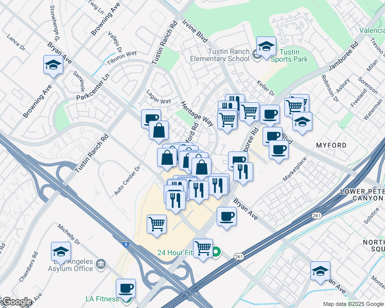 map of restaurants, bars, coffee shops, grocery stores, and more near 2777 Bryan Avenue in Tustin