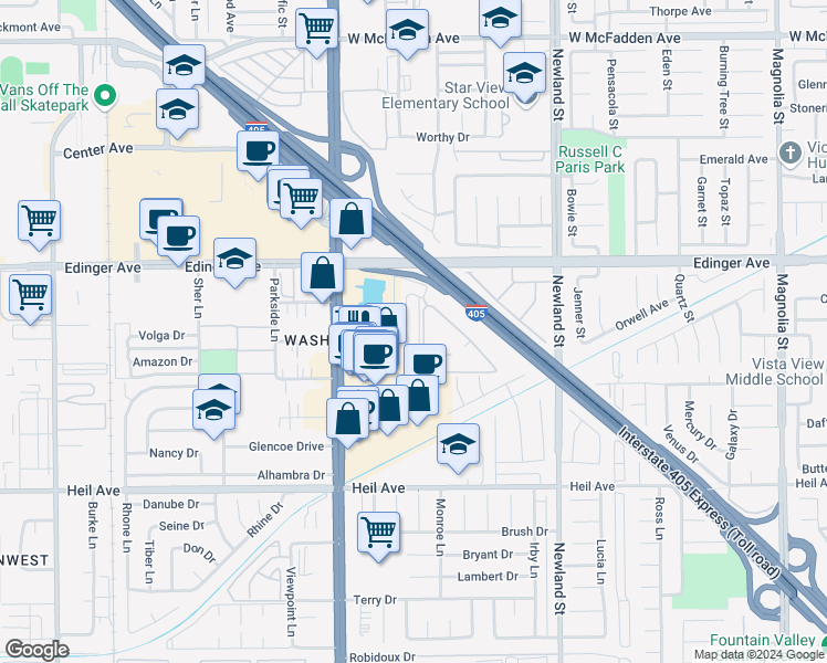 map of restaurants, bars, coffee shops, grocery stores, and more near 16171 Malaga Lane in Huntington Beach