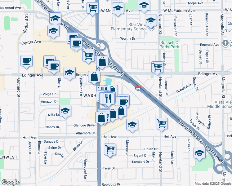 map of restaurants, bars, coffee shops, grocery stores, and more near 16171 Malaga Lane in Huntington Beach