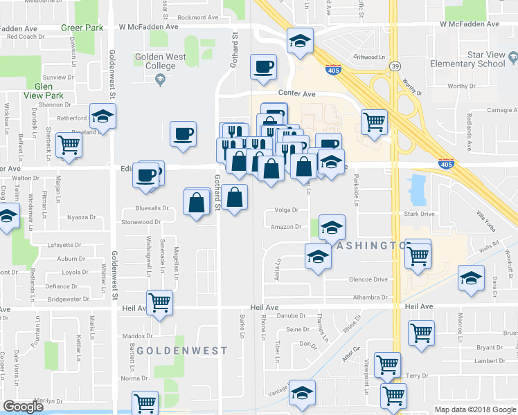 map of restaurants, bars, coffee shops, grocery stores, and more near 16171 Ganges Lane in Huntington Beach