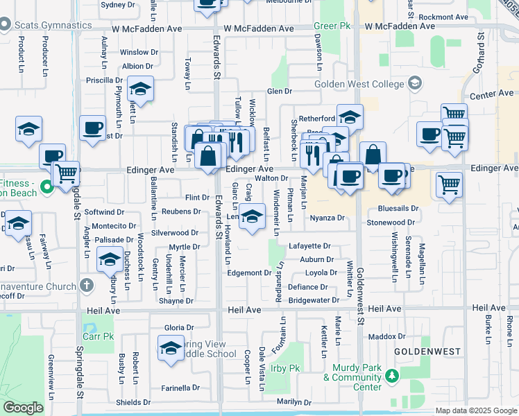 map of restaurants, bars, coffee shops, grocery stores, and more near 16152 Tellim Lane in Huntington Beach