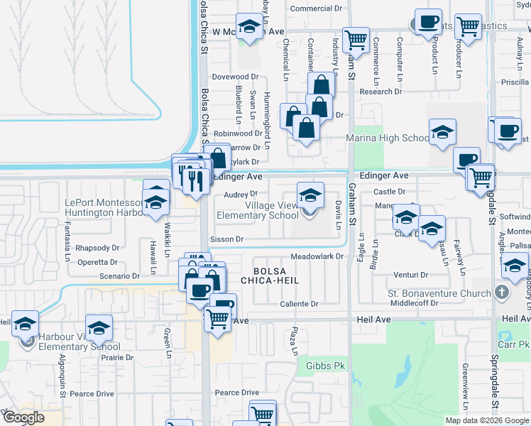 map of restaurants, bars, coffee shops, grocery stores, and more near 16151 Warren Lane in Huntington Beach