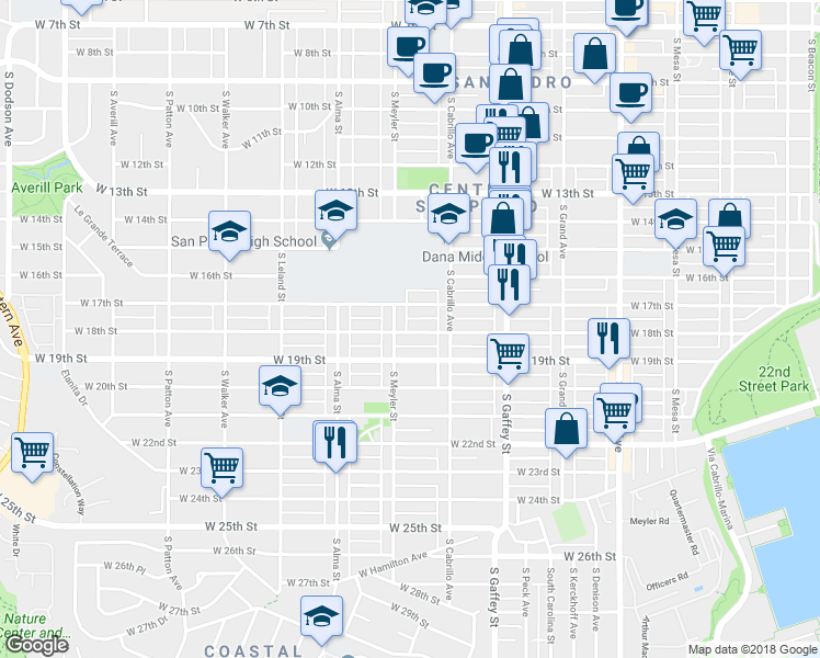 map of restaurants, bars, coffee shops, grocery stores, and more near 859 West 18th Street in Los Angeles