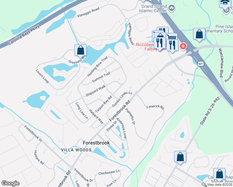map of restaurants, bars, coffee shops, grocery stores, and more near 4607A Tarpon Bay Road in Myrtle Beach