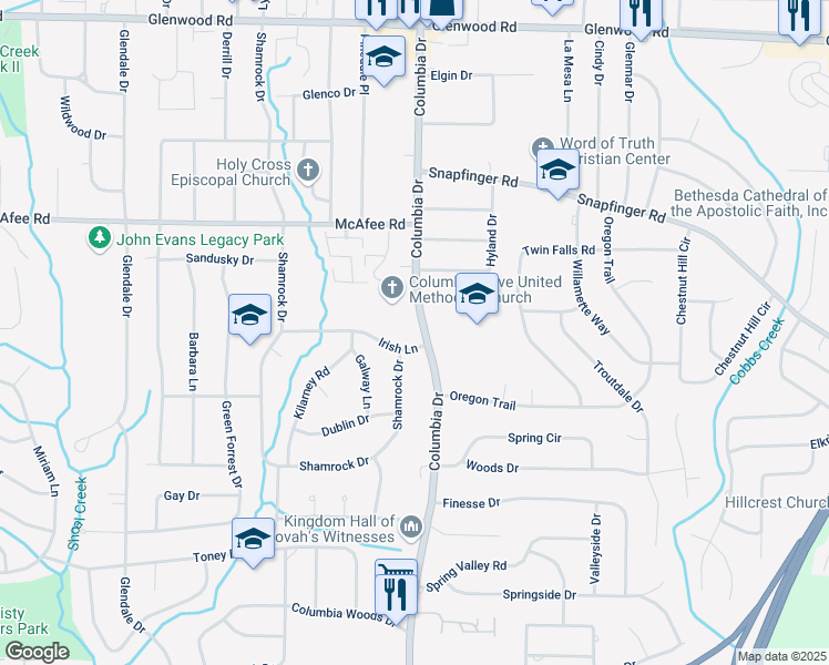 map of restaurants, bars, coffee shops, grocery stores, and more near 2103 Columbia Drive in Decatur