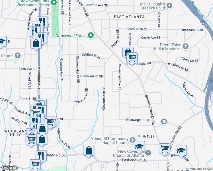 map of restaurants, bars, coffee shops, grocery stores, and more near 2142 Cloverdale Drive Southeast in Atlanta