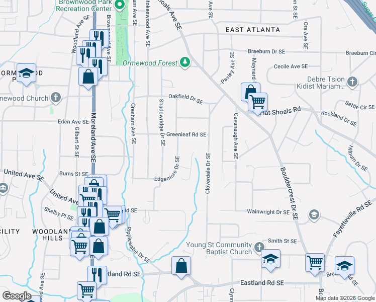 map of restaurants, bars, coffee shops, grocery stores, and more near 2158 Edgemore Drive Southeast in Atlanta