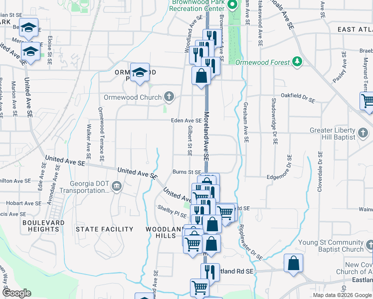 map of restaurants, bars, coffee shops, grocery stores, and more near 989 Gilbert Street Southeast in Atlanta