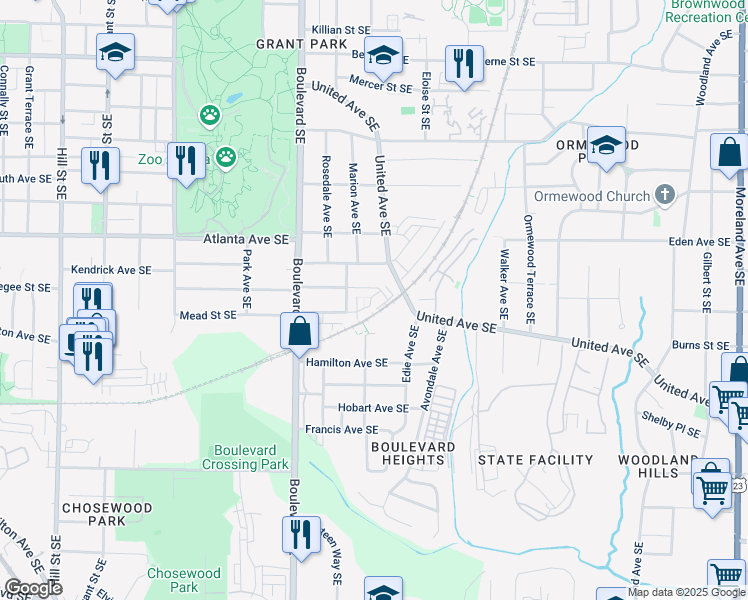 map of restaurants, bars, coffee shops, grocery stores, and more near 855 United Avenue Southeast in Atlanta