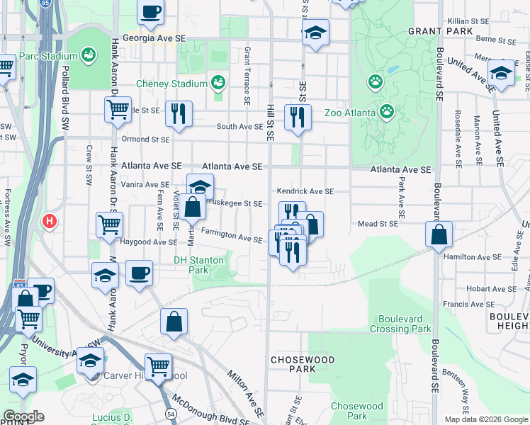 map of restaurants, bars, coffee shops, grocery stores, and more near 969 Hill Street Southeast in Atlanta