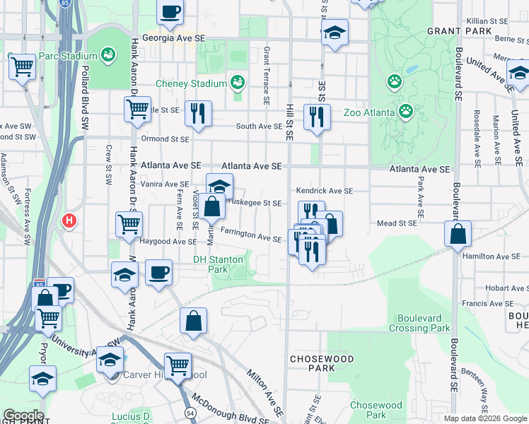 map of restaurants, bars, coffee shops, grocery stores, and more near 973 Grant Terrace Southeast in Atlanta