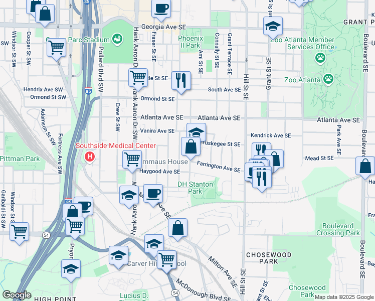 map of restaurants, bars, coffee shops, grocery stores, and more near 986 Violet Street Southeast in Atlanta