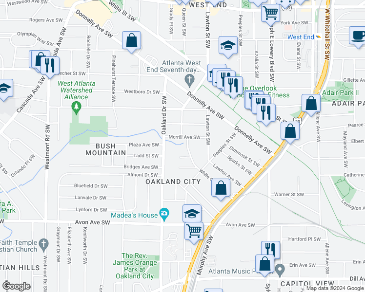 map of restaurants, bars, coffee shops, grocery stores, and more near 1153 Tucker Place Southwest in Atlanta