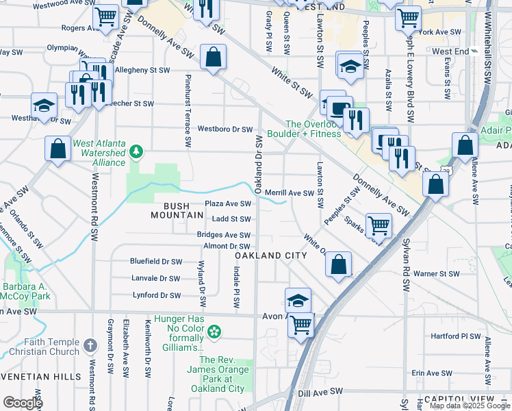 map of restaurants, bars, coffee shops, grocery stores, and more near Plaza Avenue Southwest in Atlanta