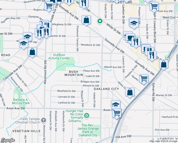 map of restaurants, bars, coffee shops, grocery stores, and more near 1255 Ladd Street Southwest in Atlanta