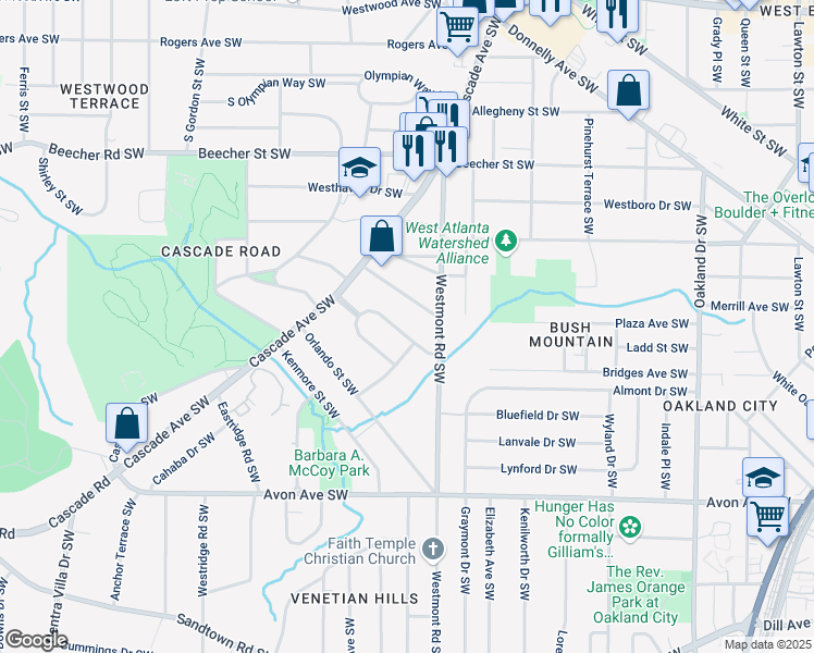 map of restaurants, bars, coffee shops, grocery stores, and more near 1563 Mayflower Avenue Southwest in Atlanta