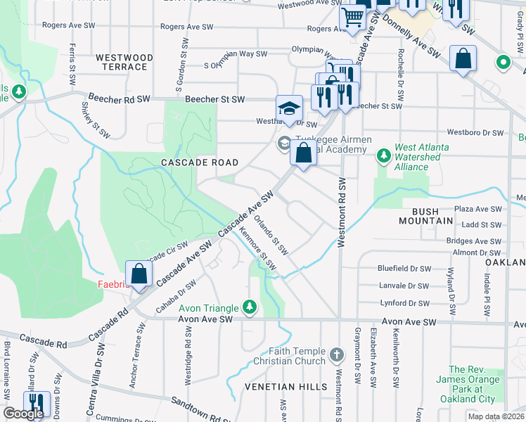 map of restaurants, bars, coffee shops, grocery stores, and more near 1666 Orlando Street Southwest in Atlanta