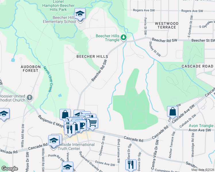 map of restaurants, bars, coffee shops, grocery stores, and more near 2180 Highview Road Southwest in Atlanta